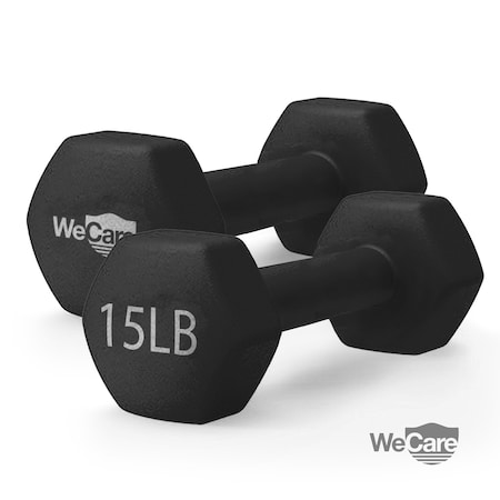 Wecare Fitness Neoprene Coated 15 Lbs Dumbbells for Non-Slip Grip, Set of Two, Black, 2PK WC-2P-15LB-BK